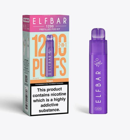 2 in 1 Elfbar 1200 Puffs Prefilled Pod Kit - Box of 5 available in Grape Flavour at UK Vaper Wholesale