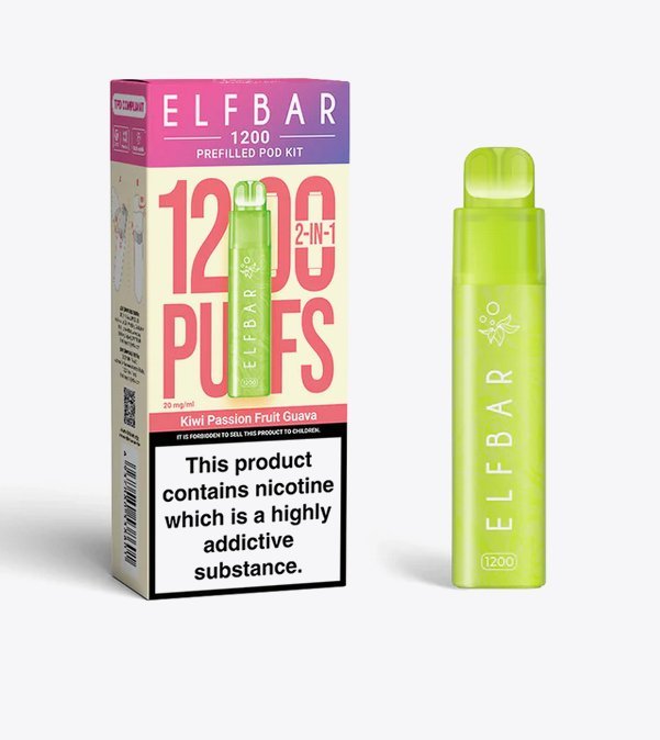 2 in 1 Elfbar 1200 Puffs Prefilled Pod Kit - Box of 5 available in Kiwi Passion Fruit Guava Flavour at UK Vaper Wholesale