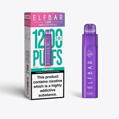 2 in 1 Elfbar 1200 Puffs Prefilled Pod Kit - Box of 5 available in Purple Mint Flavour at UK Vaper Wholesale