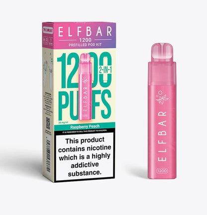 2 in 1 Elfbar 1200 Puffs Prefilled Pod Kit - Box of 5 available in Raspberry Peach Flavour at UK Vaper Wholesale