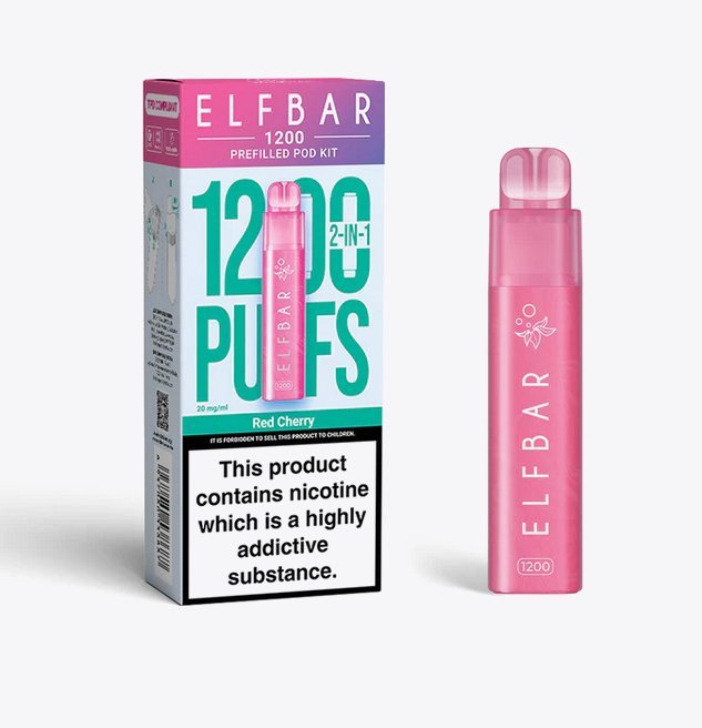 2 in 1 Elfbar 1200 Puffs Prefilled Pod Kit - Box of 5 available in Red Cherry Flavour at UK Vaper Wholesale