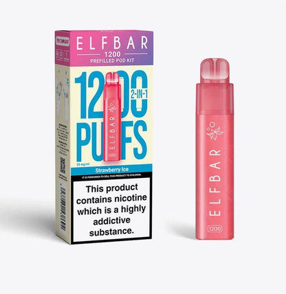 2 in 1 Elfbar 1200 Puffs Prefilled Pod Kit - Box of 5 available in Strawberry Ice Flavour at UK Vaper Wholesale