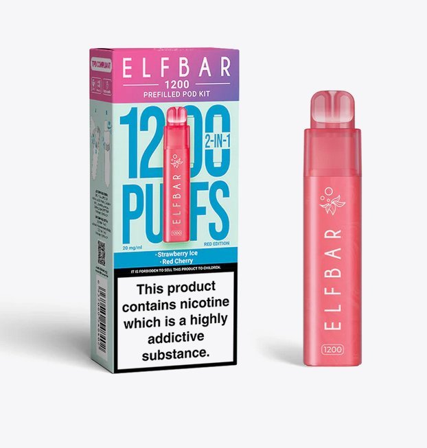2 in 1 Elfbar 1200 Puffs Prefilled Pod Kit - Box of 5 available in Strawberry Ice Flavour at UK Vaper Wholesale