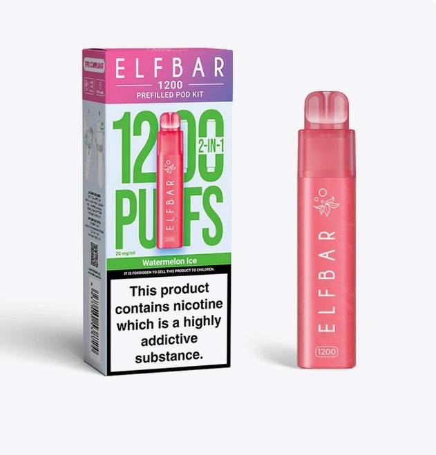 2 in 1 Elfbar 1200 Puffs Prefilled Pod Kit - Box of 5 available in Watermelon Ice Flavour at UK Vaper Wholesale