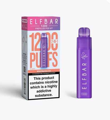 2 in 1 Elfbar 1200 Puffs Prefilled Pod Kit - Box of 5 available in Wild Berries Ice Flavour at UK Vaper Wholesale