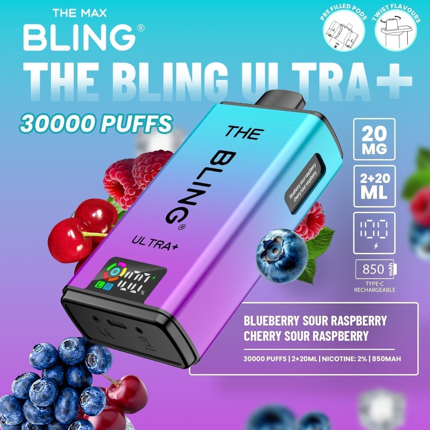 The Bling Ultra Plus 30k Prefilled Vape Pod Kit Box of 5 available in Blueberry Sour Raspberry Cherry Sour Raspberry Flavour at UK Vaper Wholesale