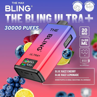 The Bling Ultra Plus 30k Prefilled Vape Pod Kit Box of 5 available in Blue Razz Cherry Blue Razz Lemonade Flavour at UK Vaper Wholesale