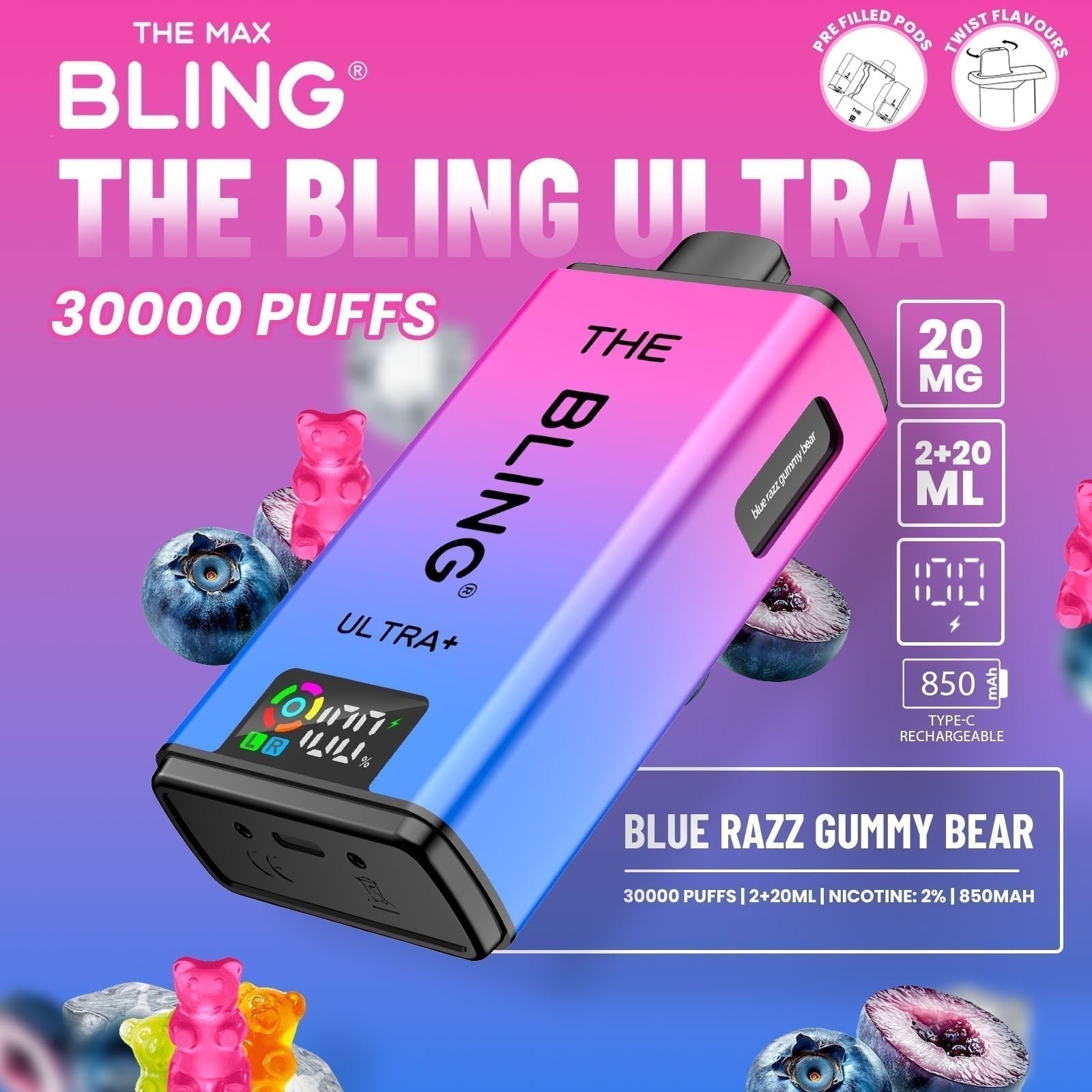 The Bling Ultra Plus 30k Prefilled Vape Pod Kit Box of 5 available in Blue Razz Gummy Bear Flavour at UK Vaper Wholesale
