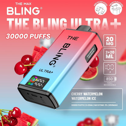 The Bling Ultra Plus 30k Prefilled Vape Pod Kit Box of 5 available in Cherry Watermelon Watermelon Ice Flavour at UK Vaper Wholesale