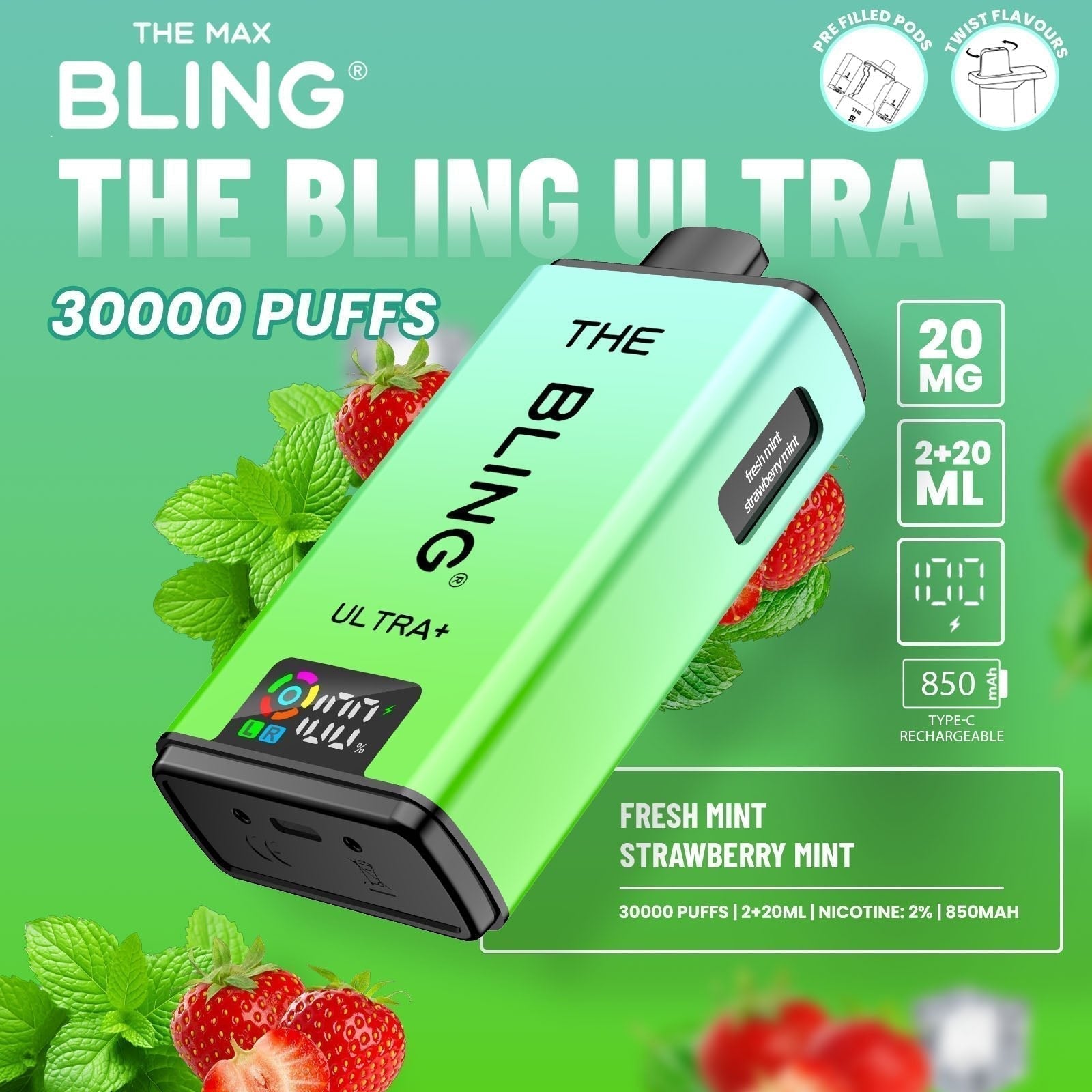 The Bling Ultra Plus 30k Prefilled Vape Pod Kit Box of 5 available in Fresh Mint Strawberry Mint Flavour at UK Vaper Wholesale