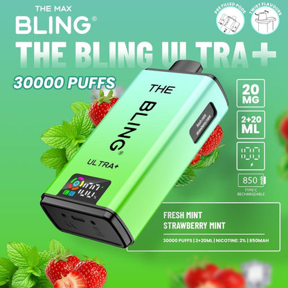 The Bling Ultra Plus 30k Prefilled Vape Pod Kit Box of 5 available in Fresh Mint Strawberry Mint Flavour at UK Vaper Wholesale
