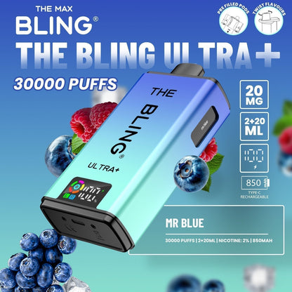 The Bling Ultra Plus 30k Prefilled Vape Pod Kit Box of 5 available in Berry Blaze - Cherry Mr Blue Flavour at UK Vaper Wholesale